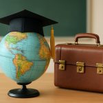 Globe with a graduation cap and a brown briefcase on a wooden table