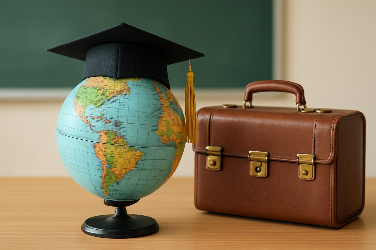 Globe with a graduation cap and a brown briefcase on a wooden table