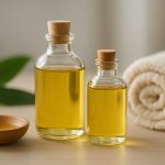 Two glass bottles filled with massage oil next to a rolled towel and a small wooden bowl of oil, set in a serene wellnes