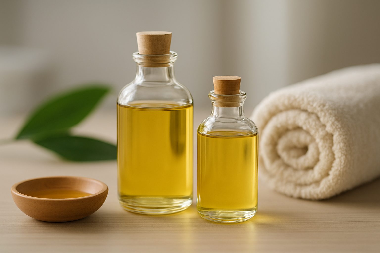 Two glass bottles filled with massage oil next to a rolled towel and a small wooden bowl of oil, set in a serene wellnes