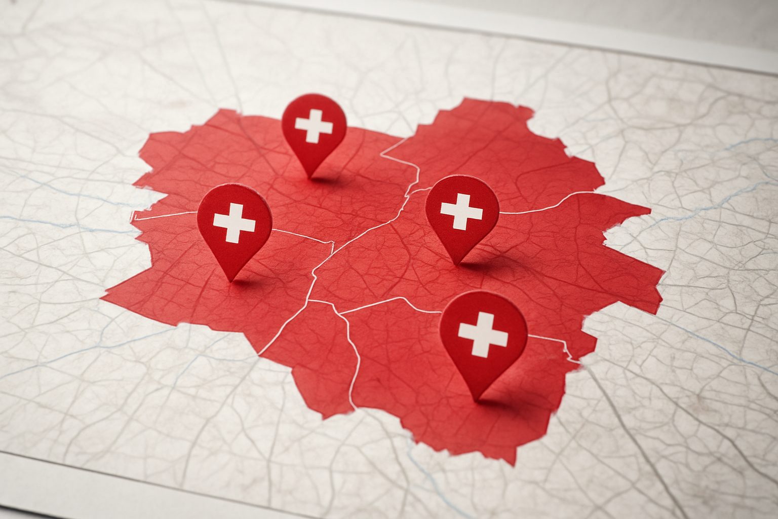 A detailed map with red areas and location markers showcasing medical facilities or services.